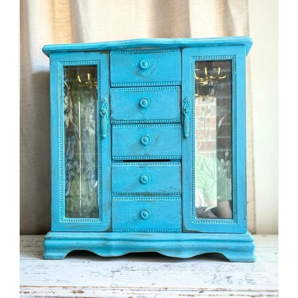 Upcycled Shabby Chic Turquoise Vintage Wood Jewelry Box Chest Armoire 5 Drawer